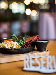Dish in the restaurant, on the table, plate reserve, Mexican cuisine