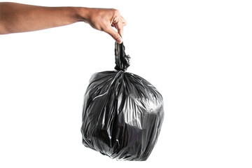 Carry a plastic bag for eliminating on a white background. Hand holding garbage bag isolated on...