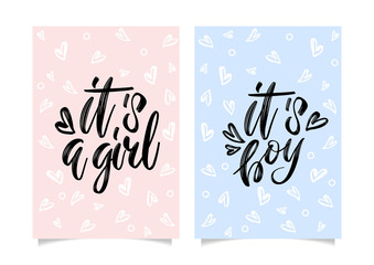 Gender Reveal banners It's a Girl and It's a Boy. Calligraphy lettering with heart confetti pattern . Vector template for Baby shower party decoration, invitation, announcement , poster, etc.