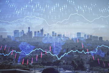 Naklejka premium Forex chart on cityscape with skyscrapers wallpaper multi exposure. Financial research concept.