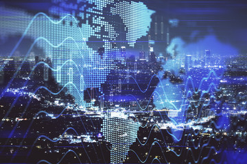 Financial graph on night city scape with tall buildings background multi exposure. Analysis concept.