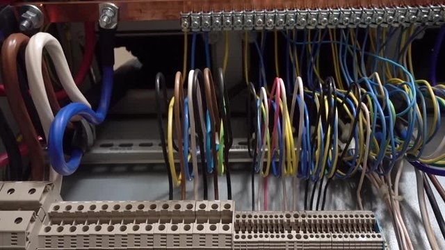 Industrial Electrical shield. Electrical switchboard, wire, automat.
