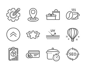 Set of Business icons, such as Payment method, Report, Location, Air balloon, Seo, Coffee cup, Boiling pan, Swipe up, Gifts, Uv protection, Settings gear, Star line icons. Payment method icon. Vector