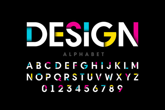 Modern bright colorful font, alphabet letters and numbers