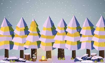 Obraz premium Camping area in forest summer camp Pine forest concept sunny day sunrise landscape nature snow background vector design