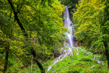 Naklejka na ściany i meble Germany, Impressive 37m high waterfall of climatic spa region in green forest of bad urach in swabian jura nature landscape, a popular tourist attraction