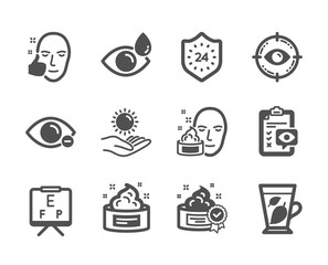 Set of Medical icons, such as Eye target, Face cream, Healthy face, Vision board, Sun protection, Eye drops, Mint leaves, Cream, Myopia, 24 hours classic icons. Optometry, Gel. Eye target icon. Vector