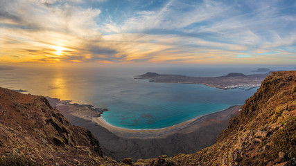 Fototapeta na wymiar View at Atlantic ocean and La Graciosa islands at sunset, Lanzarote, Canary Islands, Spain