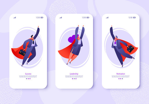 Concept of teamwork, business, financial success, leadership, commitment to work theme. Flat flying business people heroes. Vector illustration for mobile website development and web page design. 