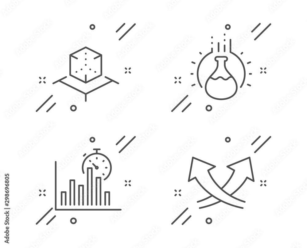 Poster report timer, augmented reality and chemistry experiment line icons set. intersection arrows sign. g