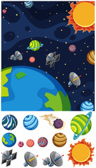 Background design with planets and sun in space