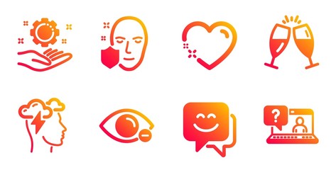 Myopia, Champagne glasses and Smile face line icons set. Mindfulness stress, Employee hand and Face protection signs. Heart, Faq symbols. Eye vision, Chin-chin. People set. Vector