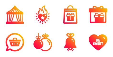 Delivery boxes, Bell and Holidays shopping line icons set. Circus tent, Shopping cart and Heart flame signs. Christmas ball, Be sweet symbols. Birthday gifts, Alarm signal. Holidays set. Vector