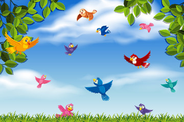 Colorful birds in jungle scene