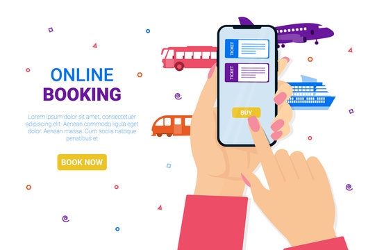 Female hands hold the phone. Airplane, bus, train, cruise ship, railway. Booking online tickets now. Flat vector concept illustration for web page, banner, poster, template, layout.
