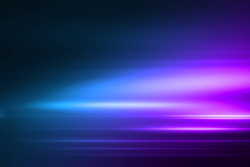 Empty background scene. Dark street reflection on wet asphalt. Rays of neon light in the dark, neon shapes, smoke. Background of an empty stage show. Abstract dark background.