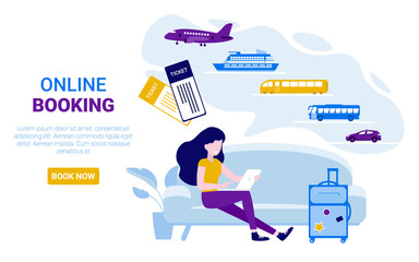 Girl sitting on the couch and orders tickets online. Airplane, bus, train, cruise ship, railway, taxi. Booking online tickets now. Flat vector concept illustration web page, banner, poster, template