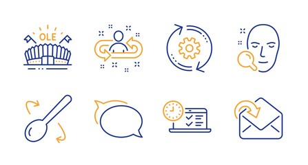 Recruitment, Online test and Talk bubble line icons set. Cogwheel, Cooking spoon and Face search signs. Sports arena, Receive mail symbols. Manager change, Examination. Business set. Vector
