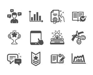 Set of Education icons, such as Approved documentation, Tablet pc, Scissors, Diagram graph, Employees messenger, Typewriter, Certificate, Victory, Engineering documentation, Shoulder strap. Vector