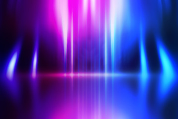 Empty background scene. Dark street reflection on wet asphalt. Rays of neon light in the dark, neon shapes, smoke. Background of an empty stage show. Abstract dark background.