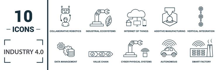 Industry 4.0 icon set. Include creative elements automation, data management, business intelligence, horizontal integration, osi model icons. Can be used for report, presentation, diagram, web design - obrazy, fototapety, plakaty