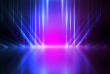 Empty background scene. Dark street reflection on wet asphalt. Rays of neon light in the dark, neon shapes, smoke. Background of an empty stage show. Abstract dark background.