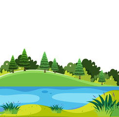 Fototapeta na wymiar Scenery background of pine trees and river