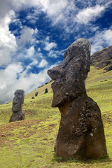 Moai on the hillside of Rano Raraku, which is where the quarry supplied the stone for the Moais to be carved, Easter Island, Chile.