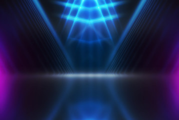 Empty background scene. Dark street reflection on wet asphalt. Rays of neon light in the dark, neon shapes, smoke. Background of an empty stage show. Abstract dark background.