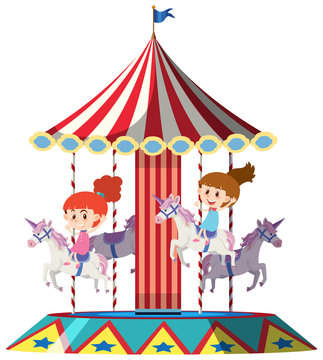 Girls riding on unicorn on merry go round