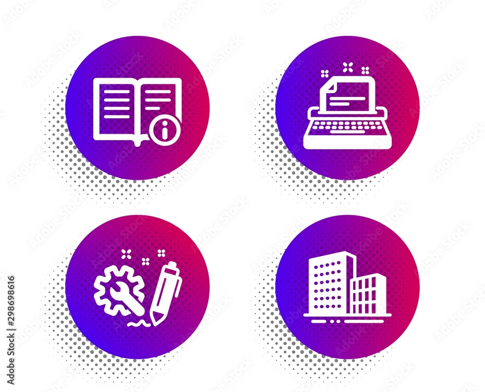 Poster typewriter, engineering and technical info icons simple set. halftone dots button. buildings sign. i