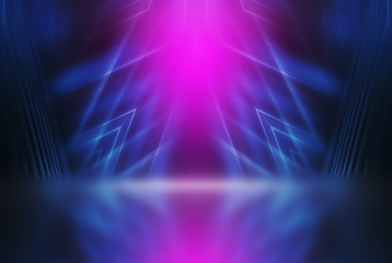Empty background scene. Dark street reflection on wet asphalt. Rays of neon light in the dark, neon...