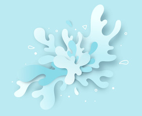 White and blue splash water and confetti on background, paper art paper cutting style. vector illustration