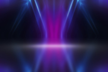 Empty background scene. Dark street reflection on wet asphalt. Rays of neon light in the dark, neon shapes, smoke. Background of an empty stage show. Abstract dark background.