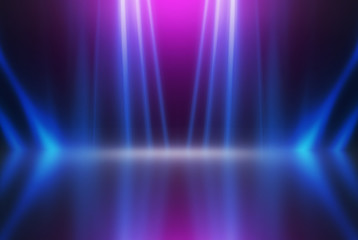 Empty background scene. Dark street reflection on wet asphalt. Rays of neon light in the dark, neon shapes, smoke. Background of an empty stage show. Abstract dark background.