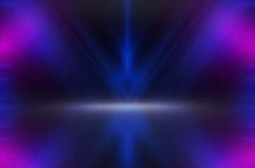 Empty background scene. Dark street reflection on wet asphalt. Rays of neon light in the dark, neon...
