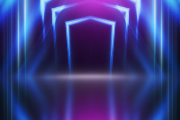 Empty background scene. Dark street reflection on wet asphalt. Rays of neon light in the dark, neon shapes, smoke. Background of an empty stage show. Abstract dark background.