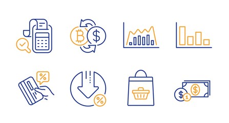 Bill accounting, Loan percent and Credit card line icons set. Online buying, Infographic graph and Bitcoin exchange signs. Histogram, Dollar money symbols. Audit report, Decrease rate. Vector
