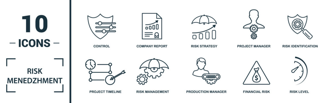 Risk Management Icon Set. Include Creative Elements Risk Management, Risk Capital, Risk Plan, Project Manager, Project Timeline Icons. Can Be Used For Report, Presentation, Diagram, Web Design