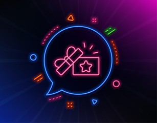 Loyalty gift box line icon. Neon laser lights. Bonus points. Discount program symbol. Glow laser speech bubble. Neon lights chat bubble. Banner badge with loyalty gift icon. Vector