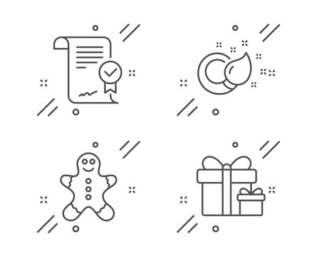 Approved agreement, Gingerbread man and Paint brush line icons set. Surprise package sign. Verified document, Christmas cookie, Creativity. Present boxes. Business set. Vector