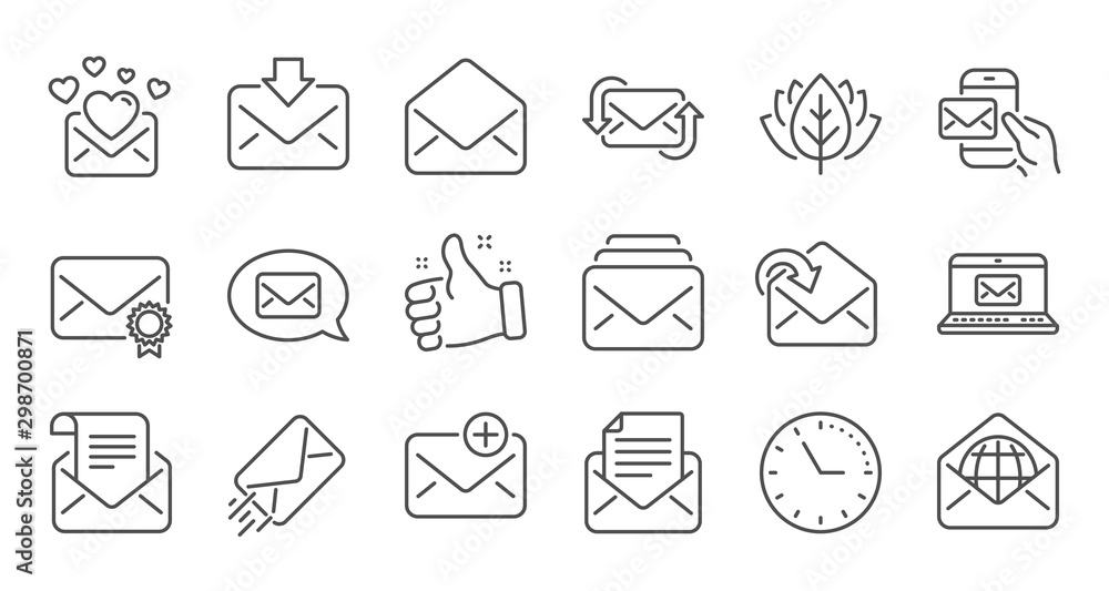 Poster mail message line icons. newsletter, e-mail, correspondence. communication linear icon set. quality 