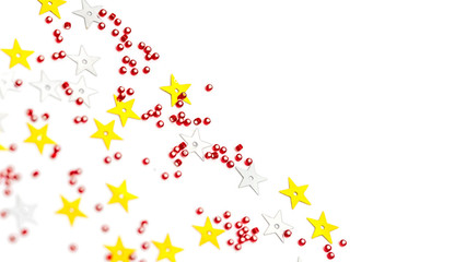 Christmas composition decoration. Pattern made of silver and gold star, golden decorations and red berries on white background.