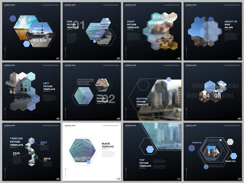 Minimal brochure templates with colorful hexagons, hexagonal shapes. Covers design templates for square flyer, brochure, presentation, social media advertising, online seminar, digital education.