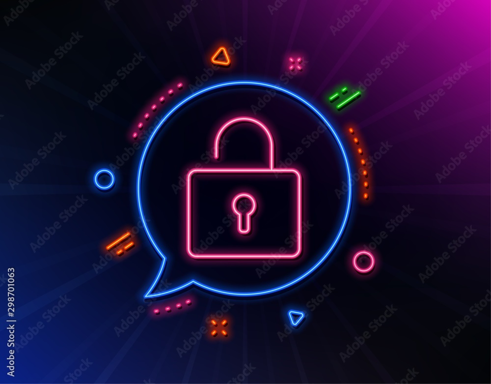 Poster lock line icon. neon laser lights. private locker sign. password encryption symbol. glow laser speec