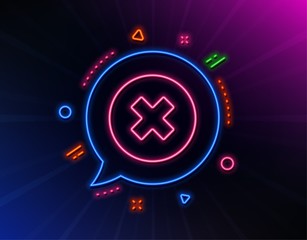 Delete line icon. Neon laser lights. Remove sign. Cancel or Close symbol. Glow laser speech bubble. Neon lights chat bubble. Banner badge with close button icon. Vector