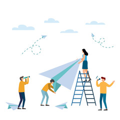 Business people launching paper plane investor with new startup concept