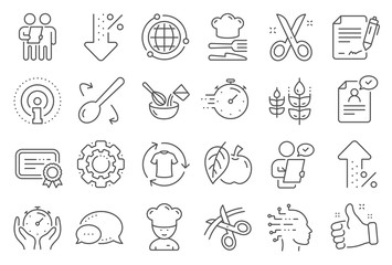 Chef hat, Customer survey, Fast delivery line icons. Approved application, Scissors cutting ribbon, Artificial intelligence icons. Percent decrease, interest rate, contract. Line signs set. Vector