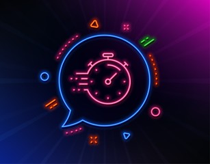 Timer line icon. Neon laser lights. Time management sign. Stopwatch symbol. Glow laser speech bubble. Neon lights chat bubble. Banner badge with timer icon. Vector