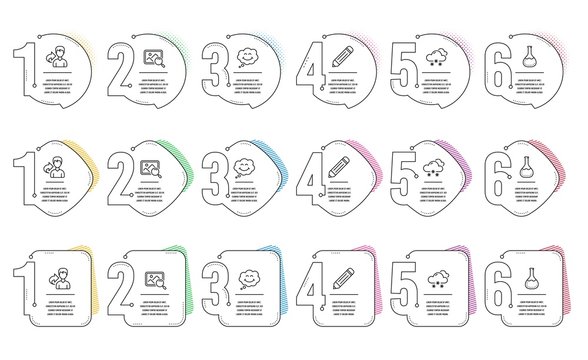 Share, Smile and Snow weather line icons set. Infographic timeline. Chemistry lab, Search photo and Pencil signs. Male user, Comic chat, Snowflake. Laboratory. Business set. Vector